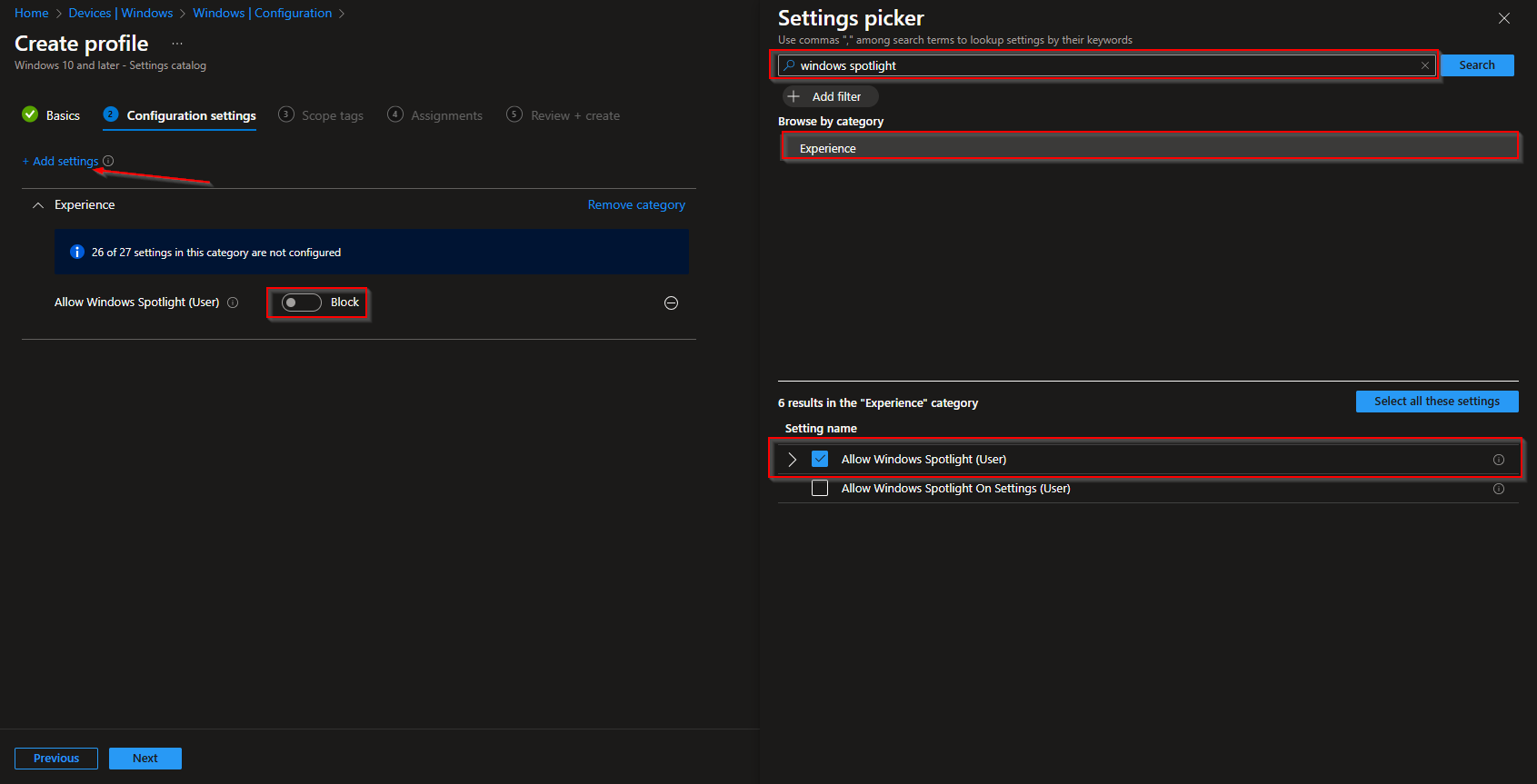 Disabling Allow Windows Spotlight (User) in the Settings catalog